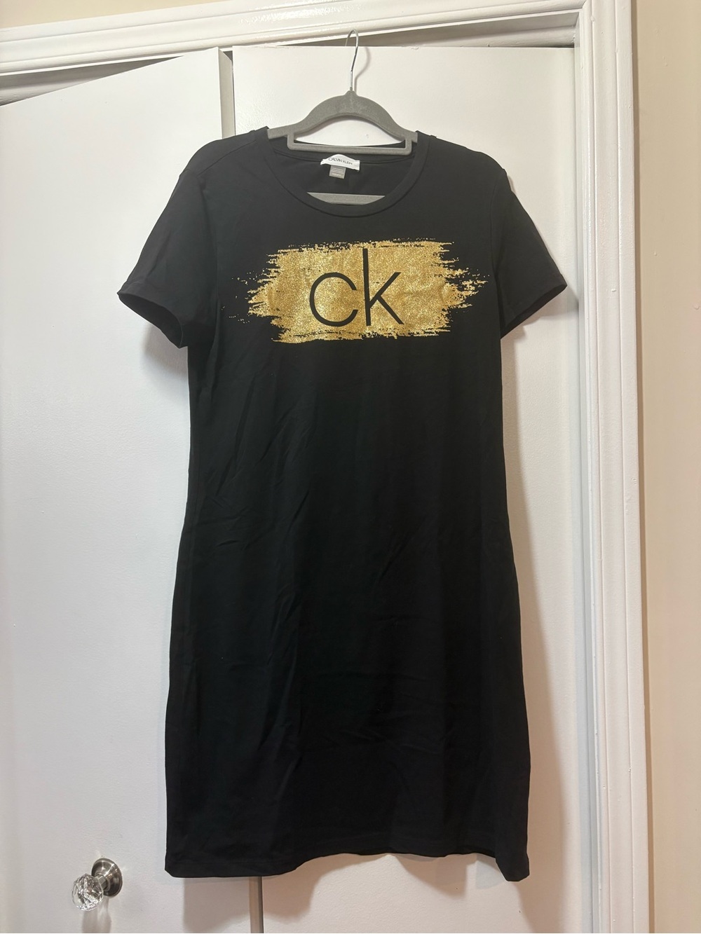 Calvin Klein Medium Black T-Shirt Dress with Gold CK Brush Logo
